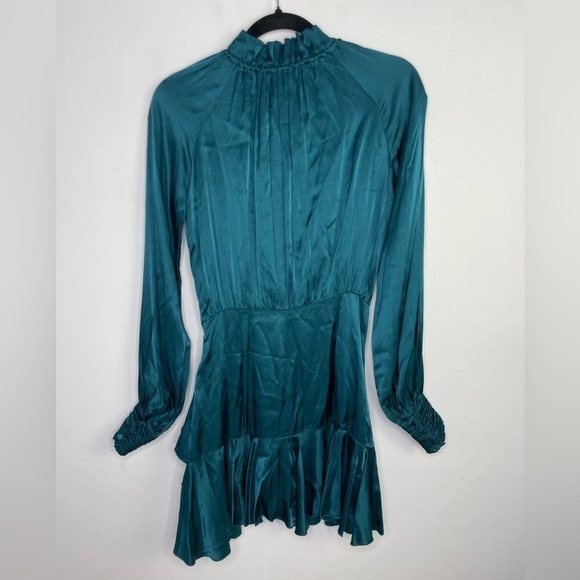 DIVINE heritage teal blue satin wrapped front ruffle mini dress - Picture 9 of 12